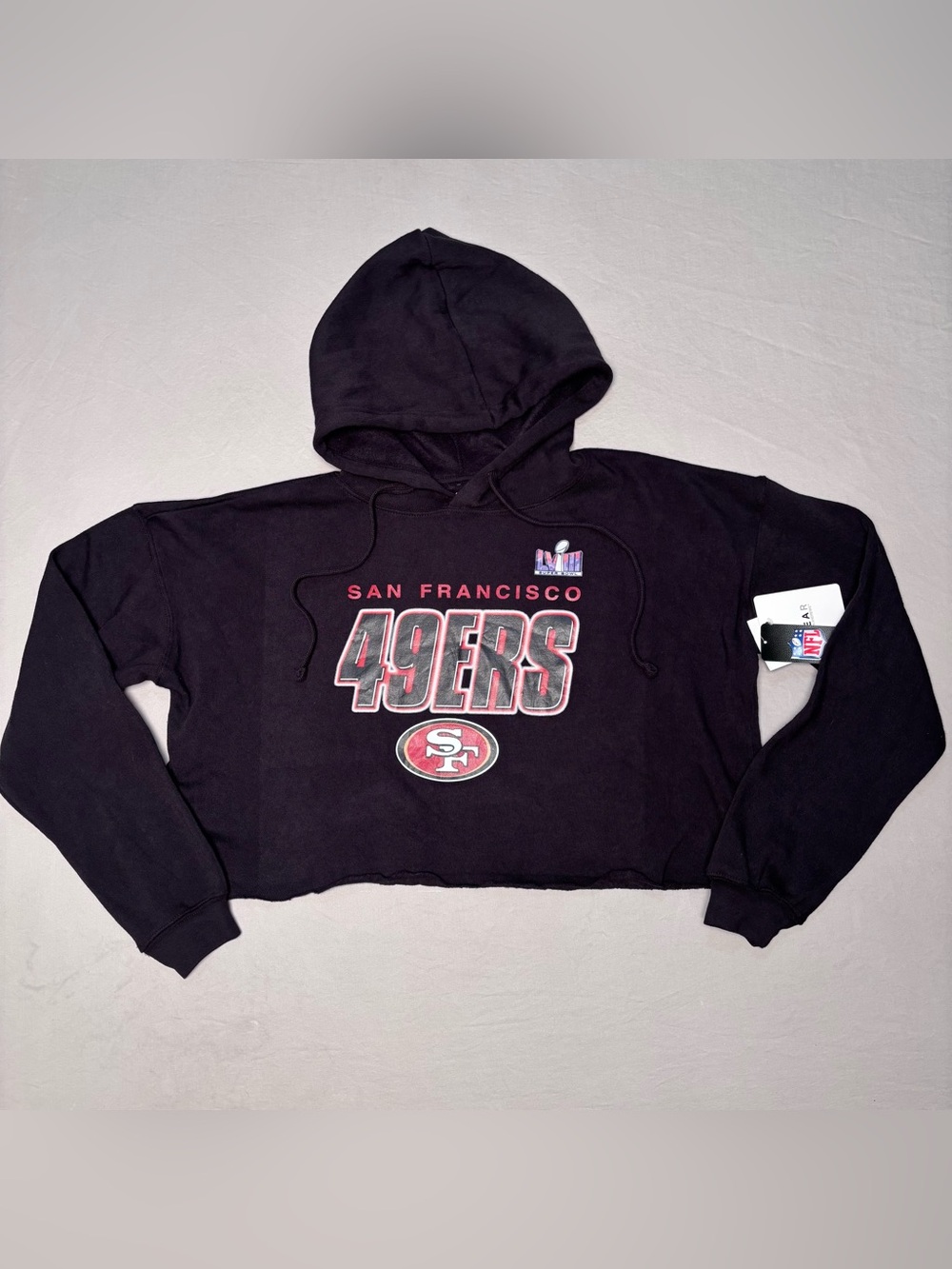San Francisco 49ers Super Bowl 58 Black Cropped Pullover Hoodie NWT